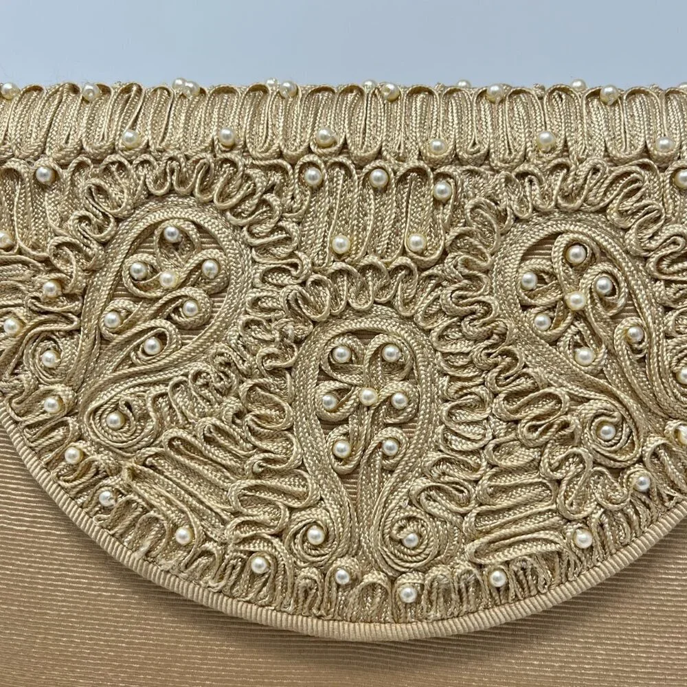 Timmy Woods Beverly Hills Purse Gold Textured w/High Relief Pearl Embroidery